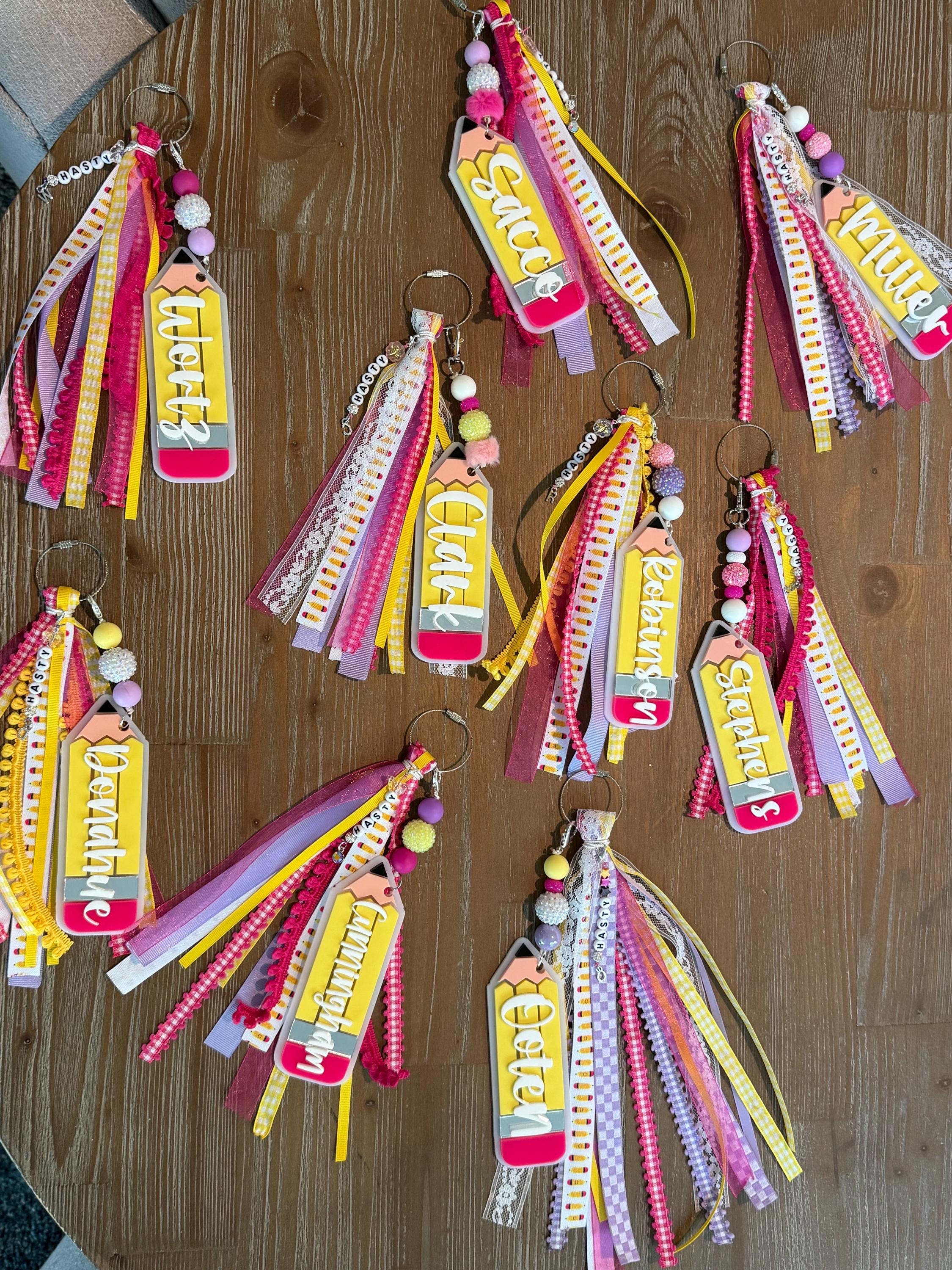 Personalized Acrylic Pencil Keychain | Beaded Charm Teacher Gift